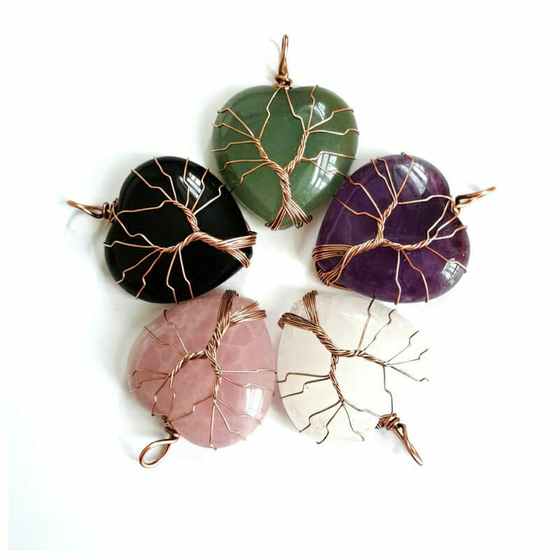 Rose Quartz Wrapped Heart Tree Pendant 2 Crystal wrapped heart tree pendant