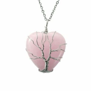 Rose quartz wrapped heart tree pendant